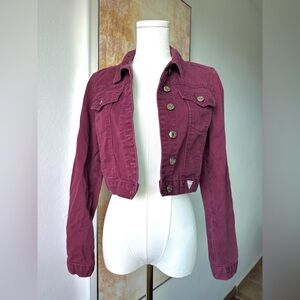 Guess Burgundy Cropped Fitted Denim Jacket Casual Layering Y2K Style